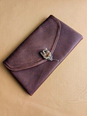 Brown Full Grain Leather Evening Clutch with Vintage Gold Rose Brooch
